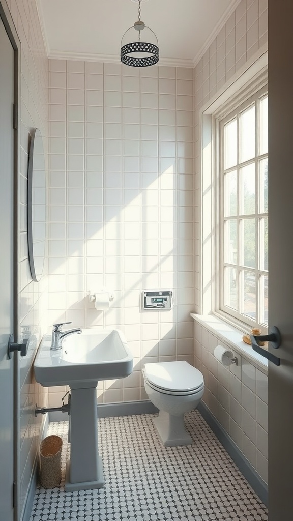 A small bathroom featuring large windows that bring in natural light, brightening the space.