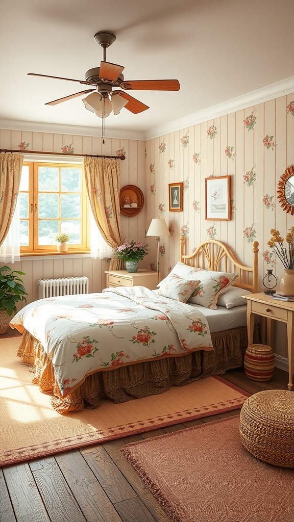 Aesthetic bedroom featuring warm colors, floral patterns, and natural decor.