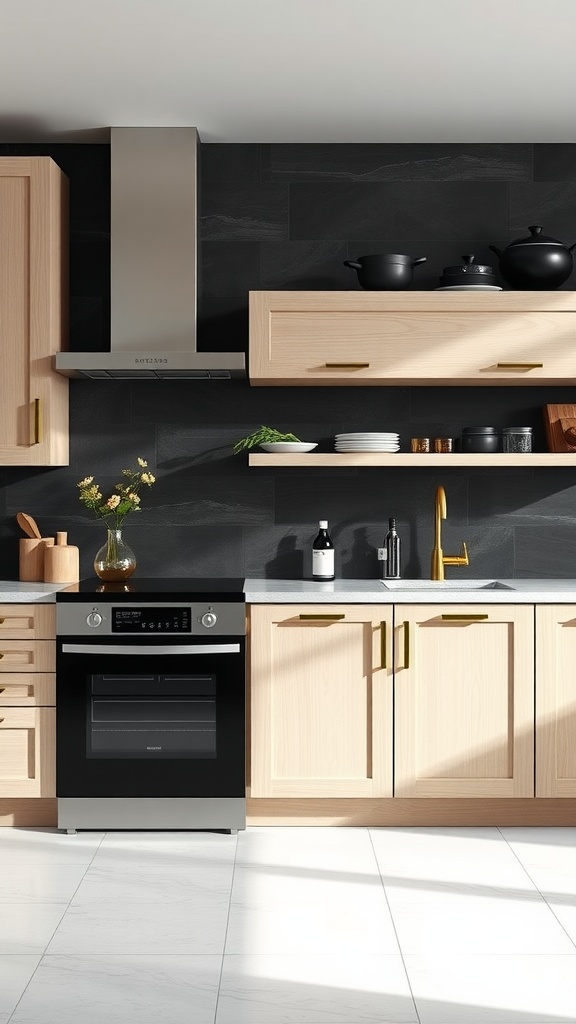A modern kitchen featuring dark slate backsplash, light wood cabinets, and stylish fixtures.