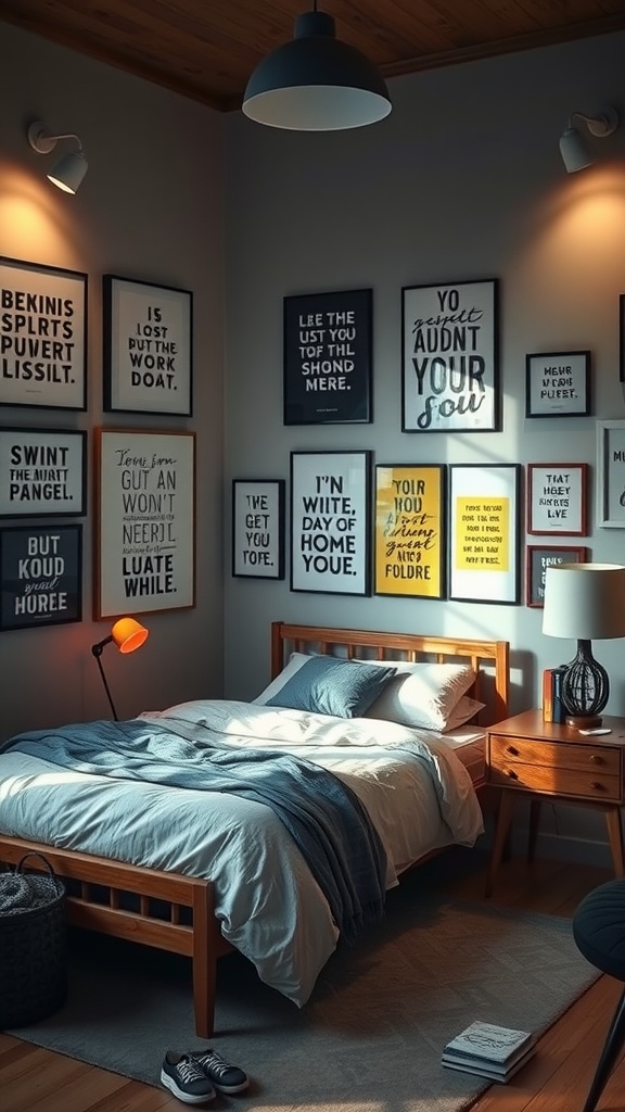 Aesthetic bedroom with a bed and walls covered in inspirational quotes and art.