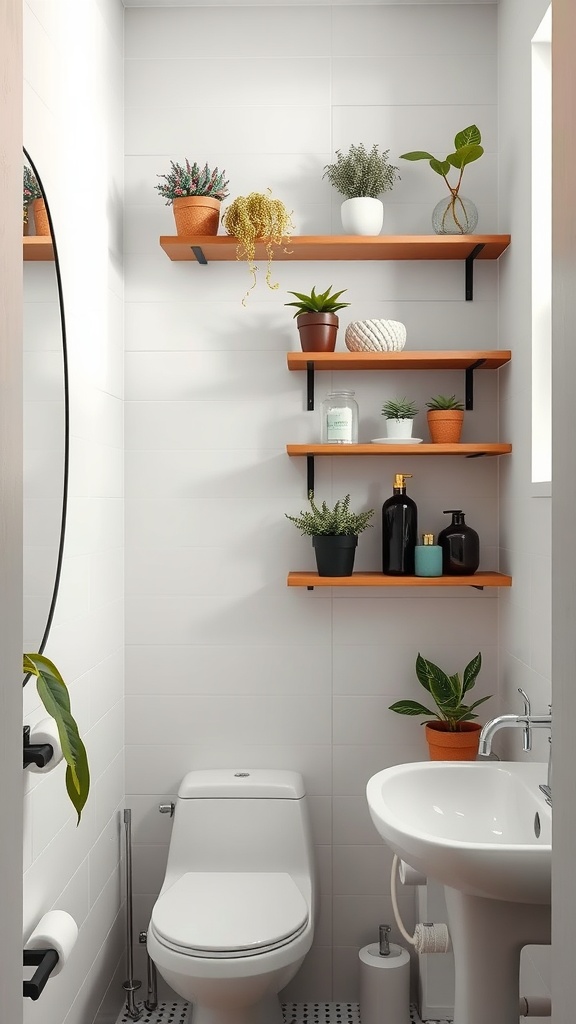Small bathroom with wooden shelves displaying plants and decorative items