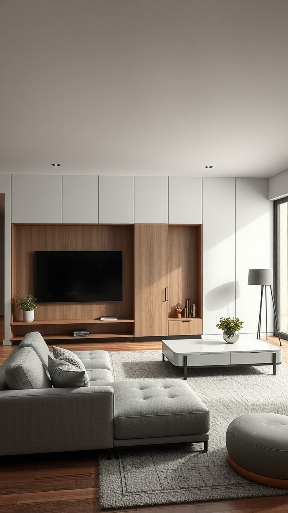 Modern living room featuring a built-in furniture design for space division.