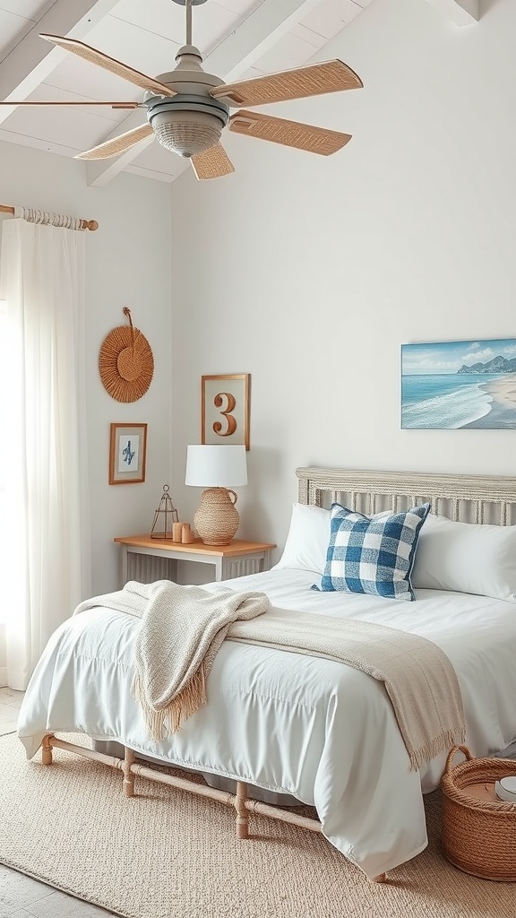 A light and airy coastal-inspired bedroom with white bedding and blue accents.