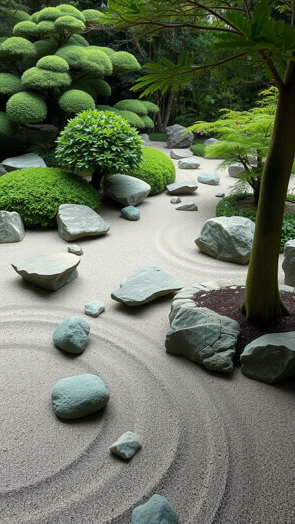 A serene Zen garden featuring raked sand, rocks, and lush greenery.