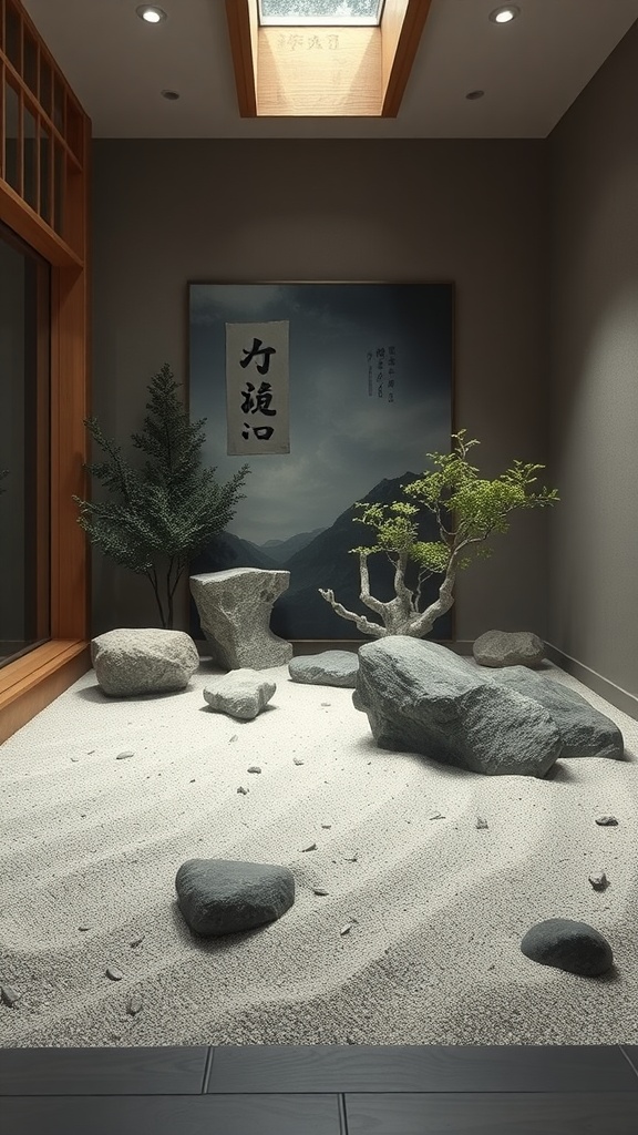 Indoor Zen garden with rocks and plants in a minimalist space.
