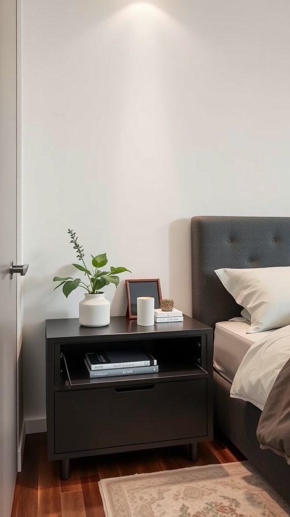A modern bedside table with plant and decor items in a small master bedroom setting.