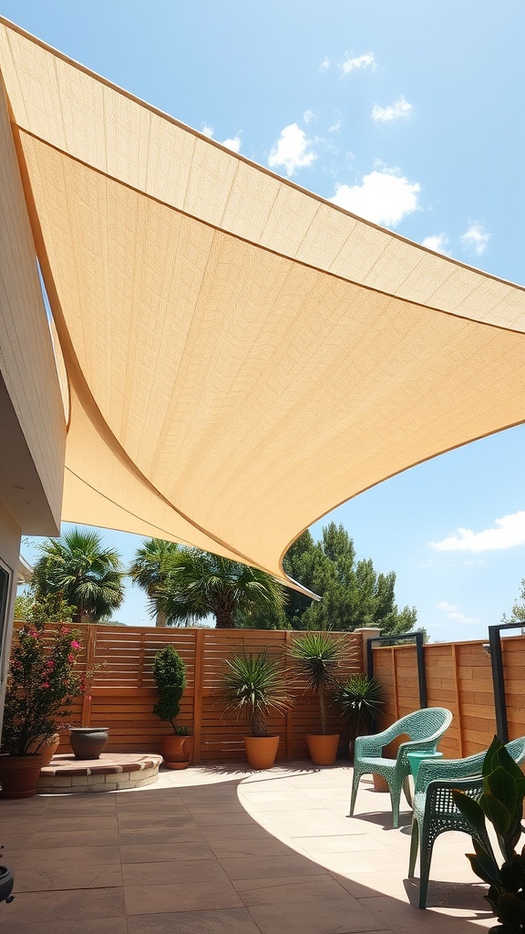 A large beige shade sail stretched above a patio with greenery and potted plants.
