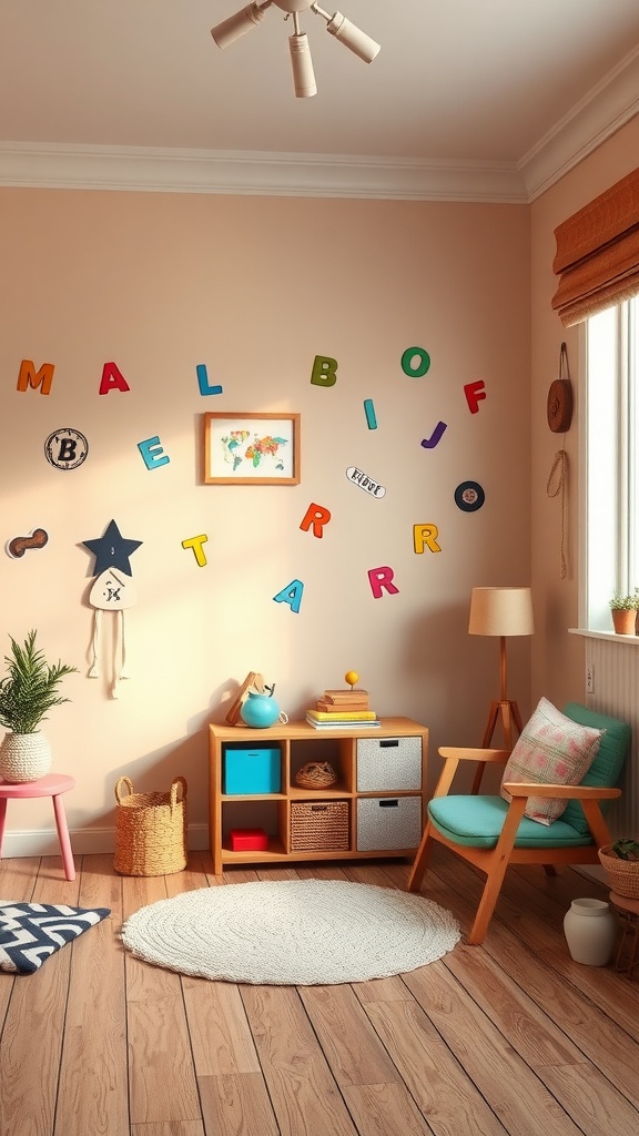 A cozy room featuring a wall with colorful letter decals, a wooden shelf, a comfortable chair, and a round rug.