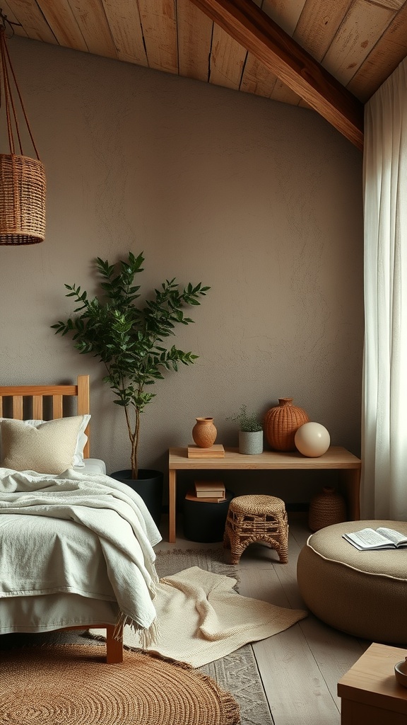 A cozy bedroom featuring earthy tones, wooden accents, and soft textures.