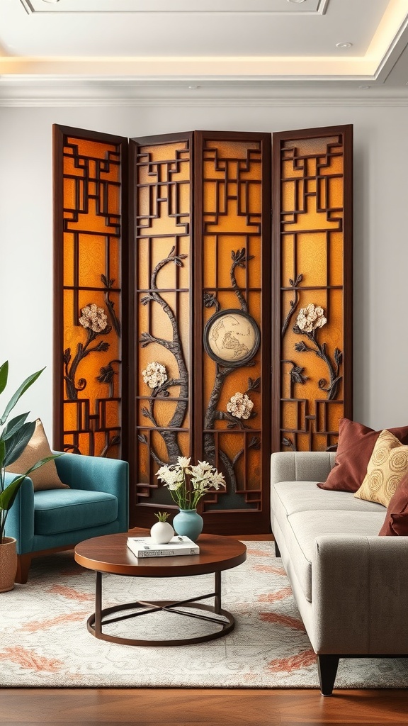 A beautifully designed folding screen in a living room, creating a stylish partition.