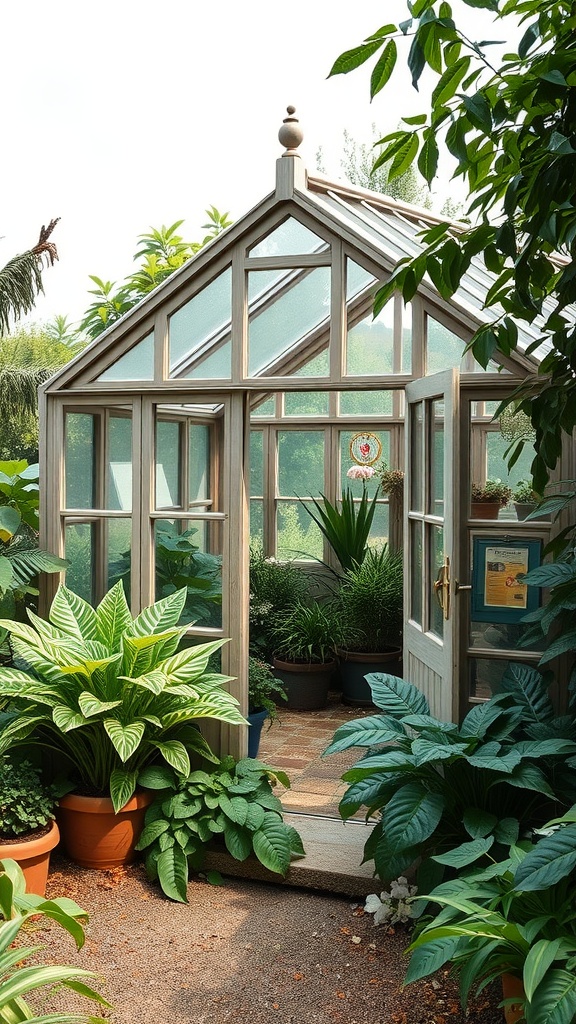 A greenhouse surrounded by lush plants, showcasing a cozy and inviting atmosphere.