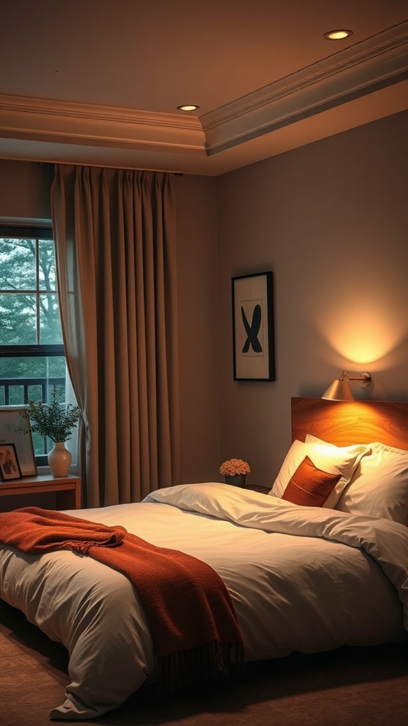 Cozy modern bedroom with layered lighting, showcasing warm tones and inviting decor.